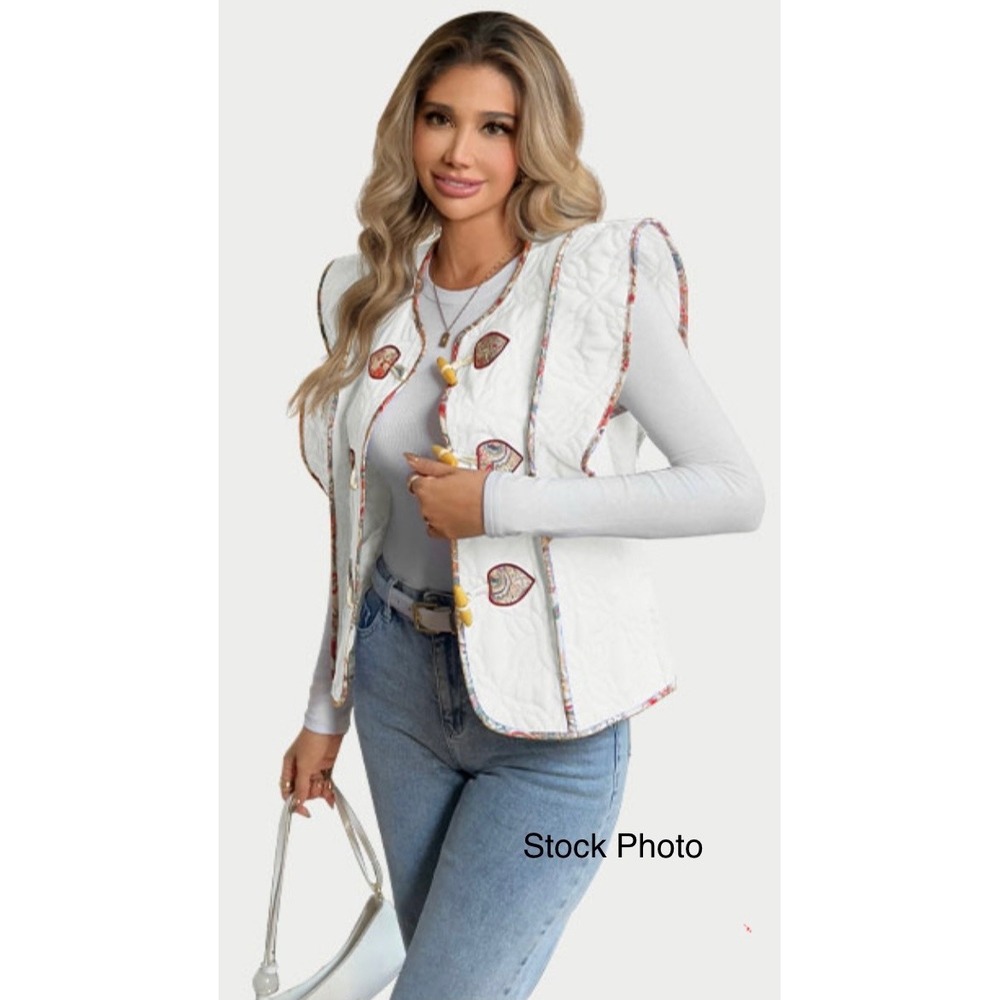 Tankaneo Womens Quilted Toggle Vest White Paisley Trim Ruffle Cap Sleeve‎ Medium - Picture 13 of 14